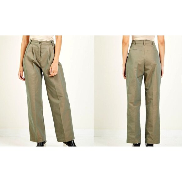 Wood Wood Sirid Iridescent Twill Trousers Olive Pleated High-Waist Cotton Us 4